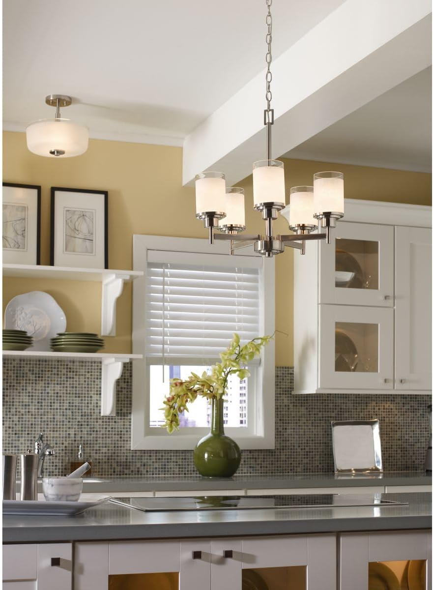 Progress Lighting Alexa Collection Five-Light Modern Chandelier, Hanging Ceiling Light Fixture for Dining Rooms, Foyers, Etched Linen with Clear Edge Glass, Brushed Nickel