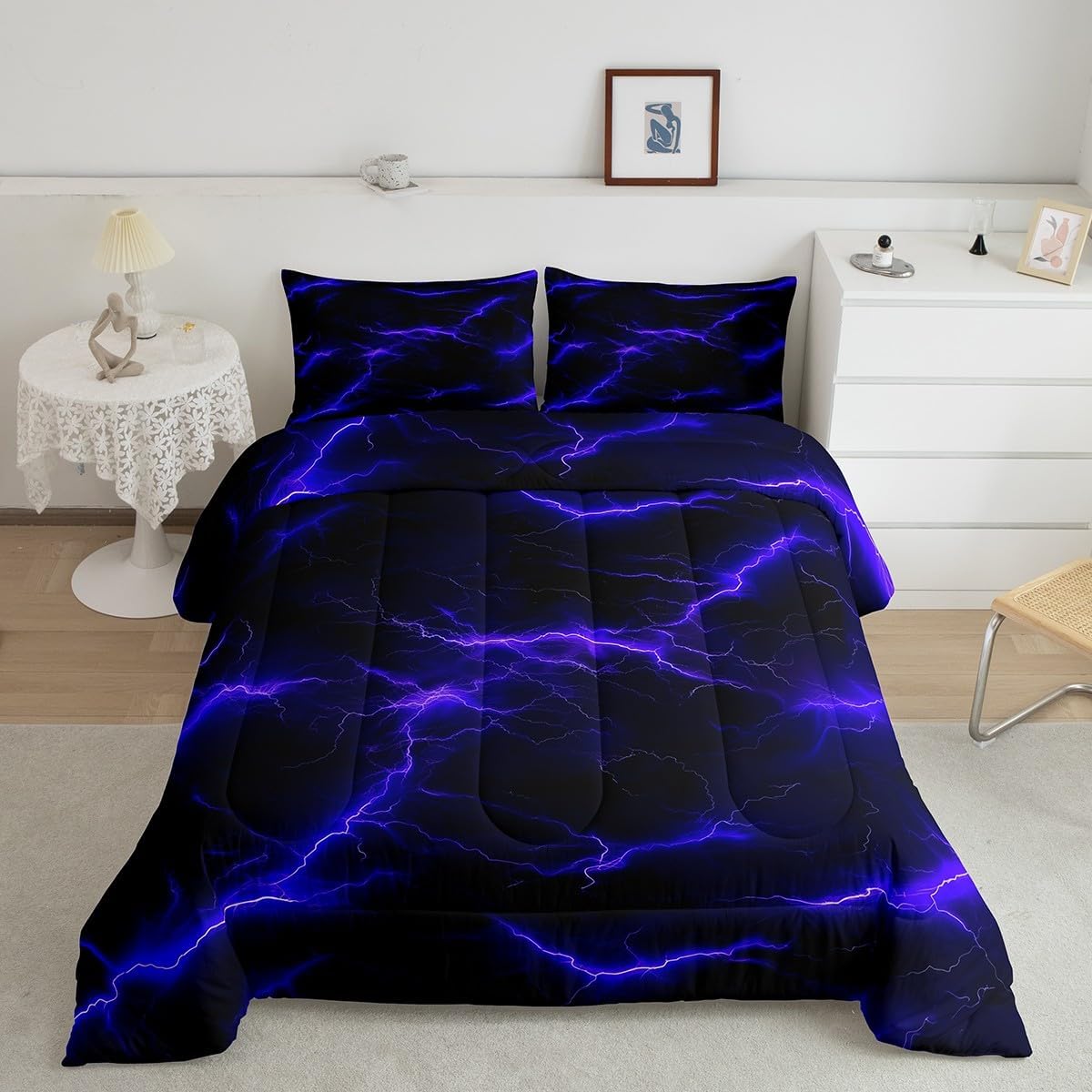 Geometric Full Size Comforter Sets for Kids Adults,Teens Boys Lightning Bedding Sets Youth Men Teens Bedroom Decor,Modern Neon Glowing 3 PCS Quilt Set,Lightning Weather Theme Duvet Insert
