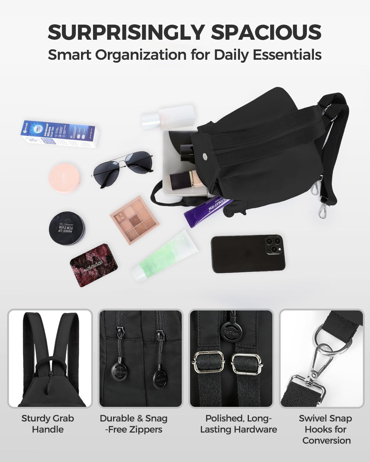Small Oxford Convertible Crossbody Backpack Bags for Women,Anti Theft Lightweight Crossbody Sling Bag for Travel,Work & Daily Use, Mothers Day Gifts for Mom Black