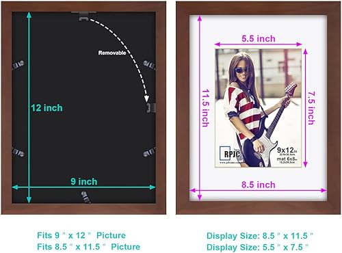 Miniatura 4 de RPJC Marcos de 9 x 12 pulgadas hechos de madera maciza y vidrio de alta definición para fotos de 6 x 8 pulgadas, con paspartú, o de 9 x 12 pulgadas,