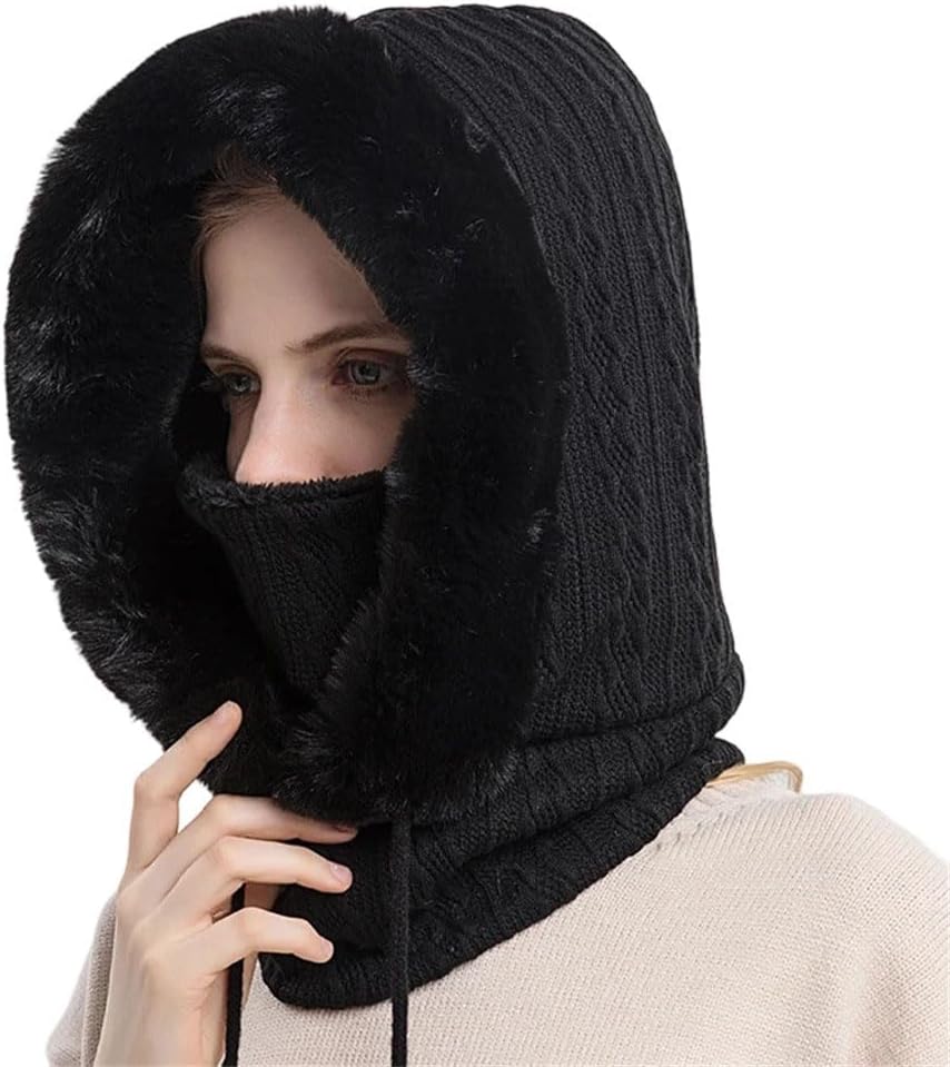 Women Knitted Blend Balaclava Style Hat Thick Plush Warm Beanie Hooded Design