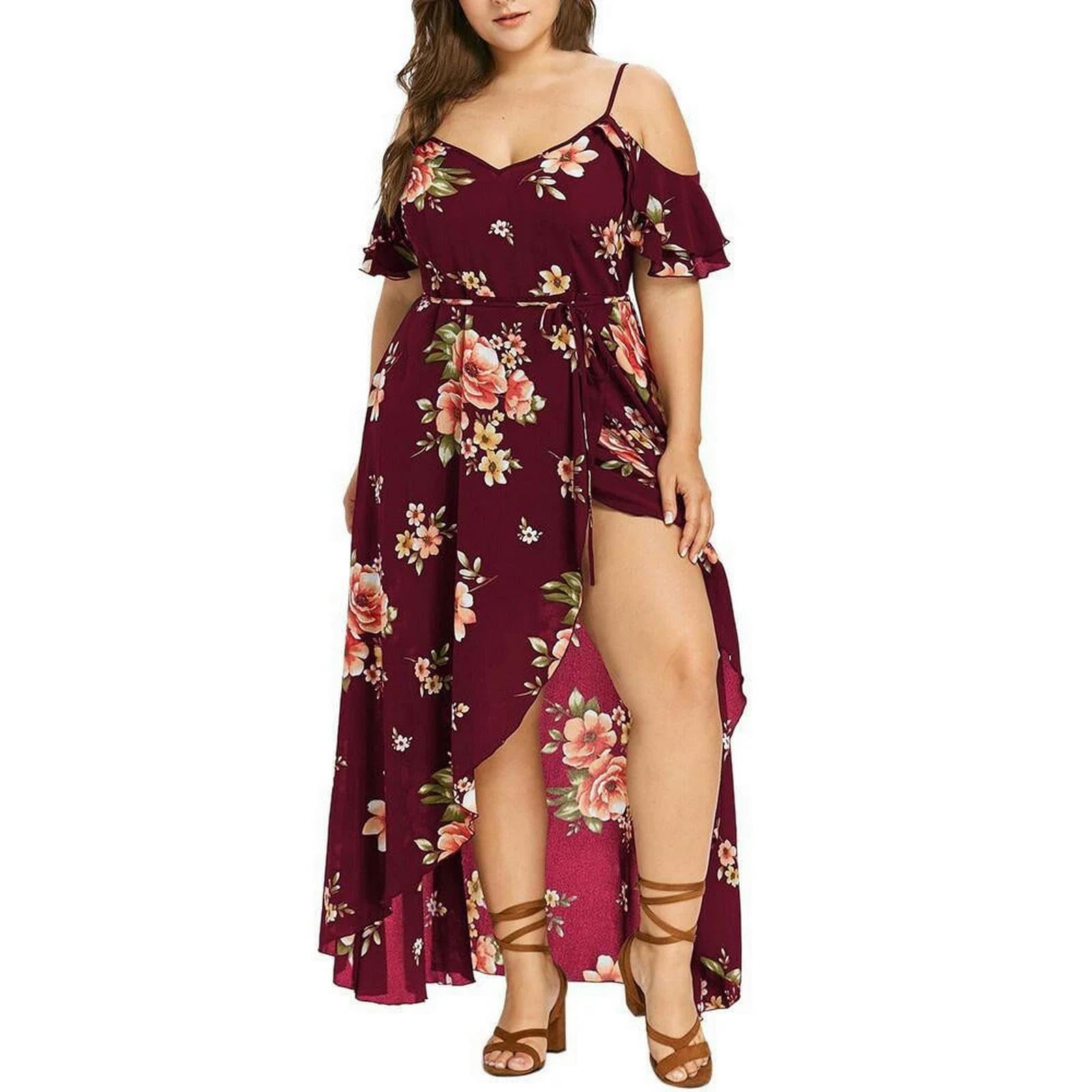 Vestido de Verano de Flores Femeninas de Gran Tamaño Vestido Bohemio de Manga Corta de Cuello V con Volantes en Forma de a, HUTALIM, Negro, XXL