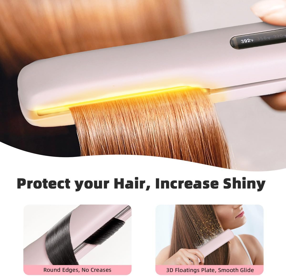 Cordless Hair Straightener, Mini Travel Flat Iron Rechargeable for Women, Portable Hair Straightener and Curler 2-in-1, Fast Heating, Adjustable Temp for On-The-Go Styling(Pink)