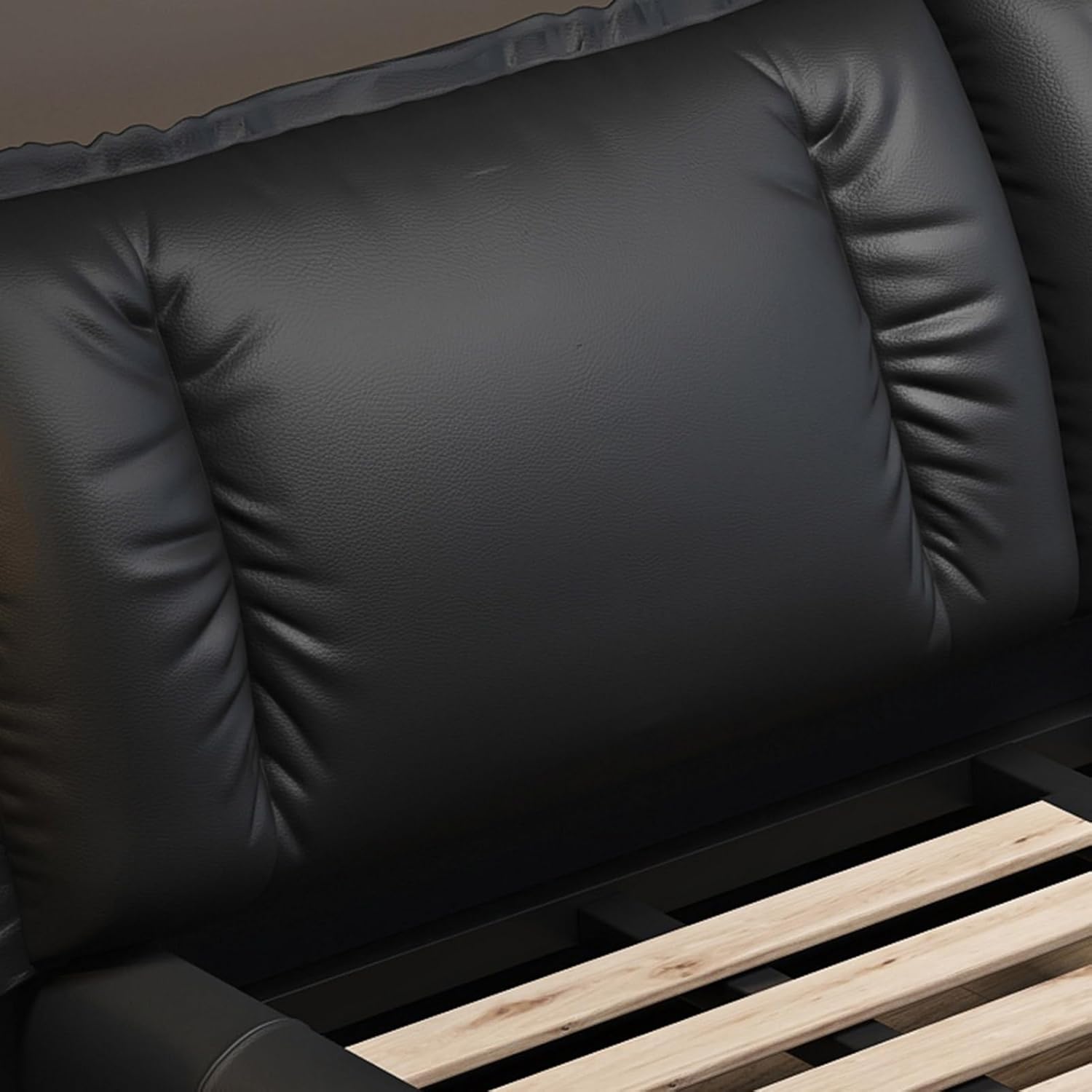 Black Modern Leather Queen Size Platform Bed Wooden Slats Support with 2-Tier Headboard Noise-Free