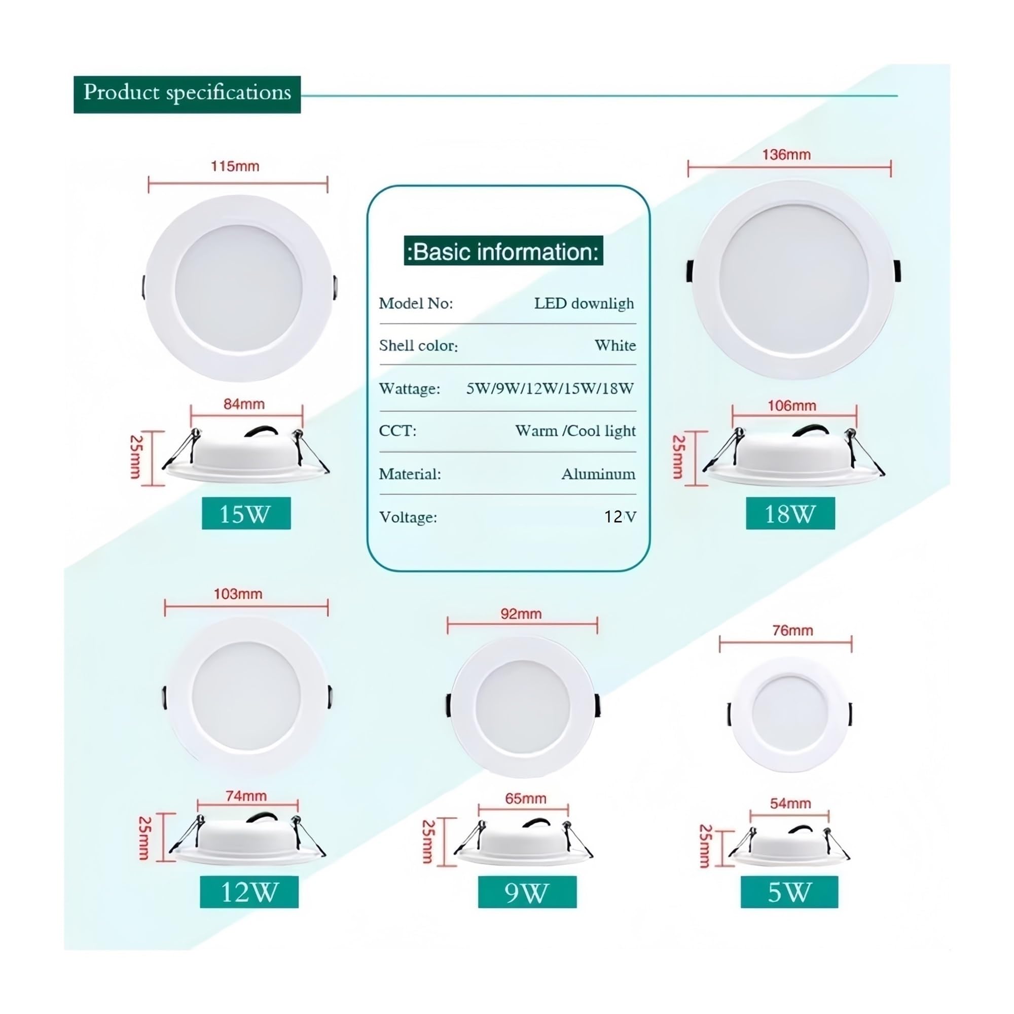 Reflektory ledowe 1 szt. LED typu Downlight 12V 5w 9w 12w 15w 18w wpuszczany reflektor oświetlenie sufitowe do salonu w domu
