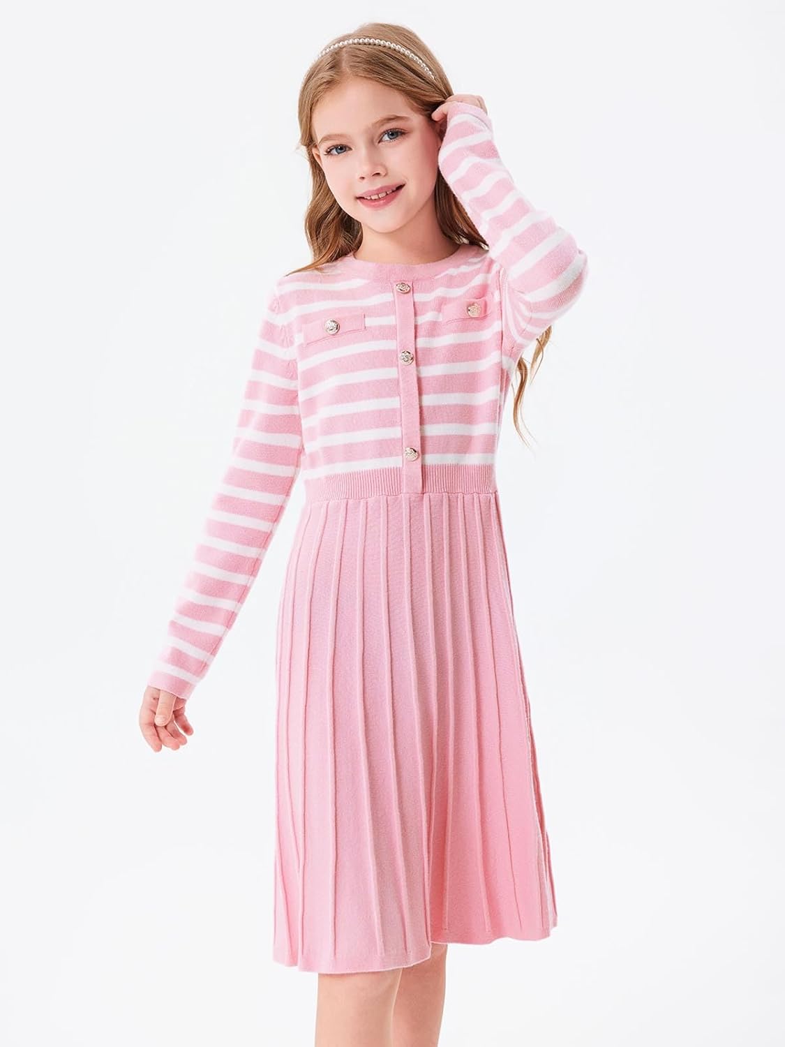 Haloumoning Girls Sweater Dress Knit Long Sleeve Striped A Line Pleated Fall Winter Dresses 5-14 Years - Image 4