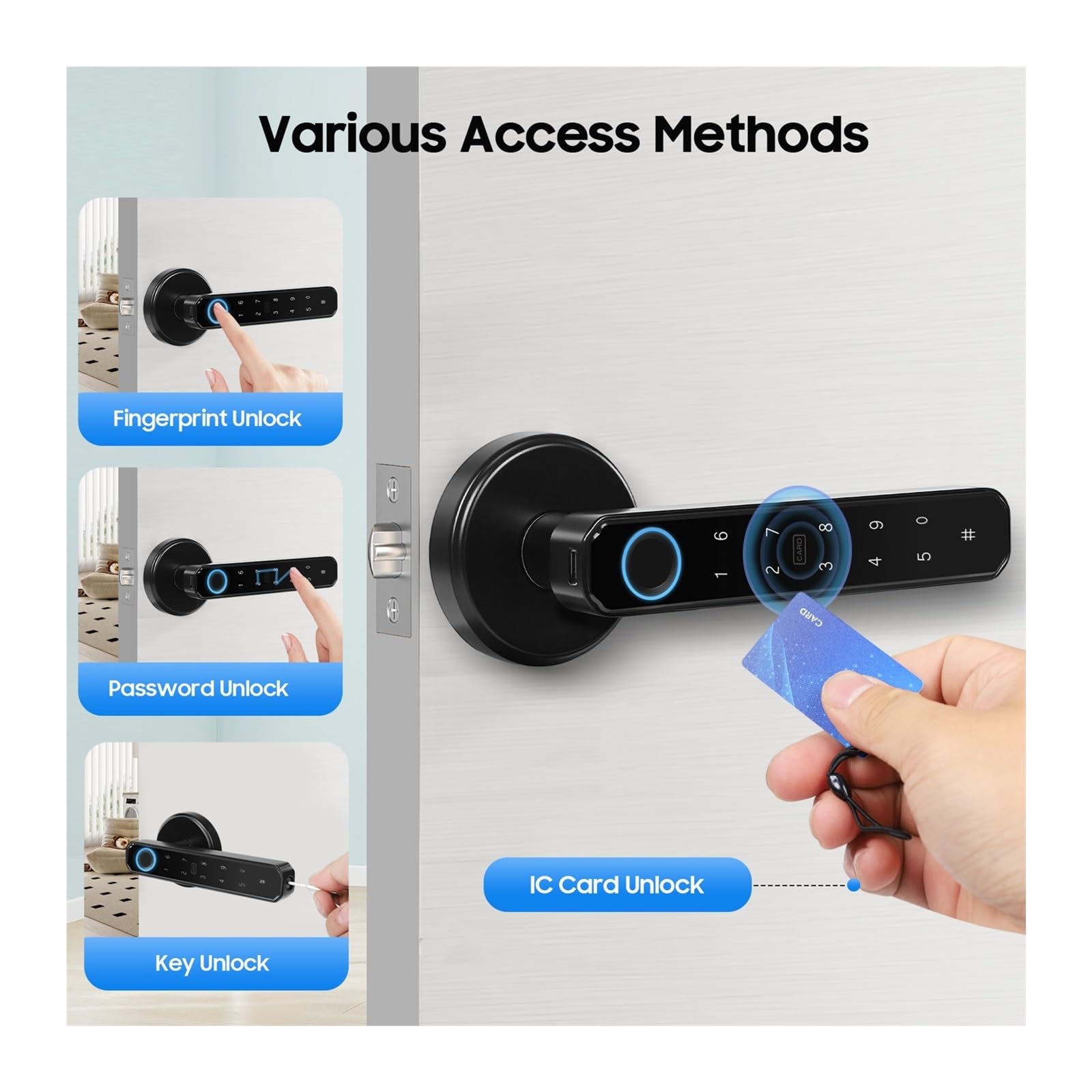 Cerradura inteligente, Cerradura de manija puerta inteligente con huella dactilar, contraseña, desbloqueo llave, energía emergencia for casa, apartamento, oficina(Silver,Regular)