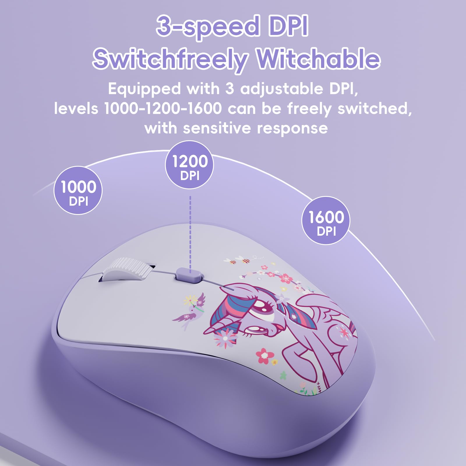 My Little Pony Twilight Sparkle Mouse wireless – Mouse silenzioso a 4 pulsanti con 3 DPI regolabili (1000/1200/1600), 2,4 GHz wireless per Windows/Mac, design compatto ed ergonomico, viola