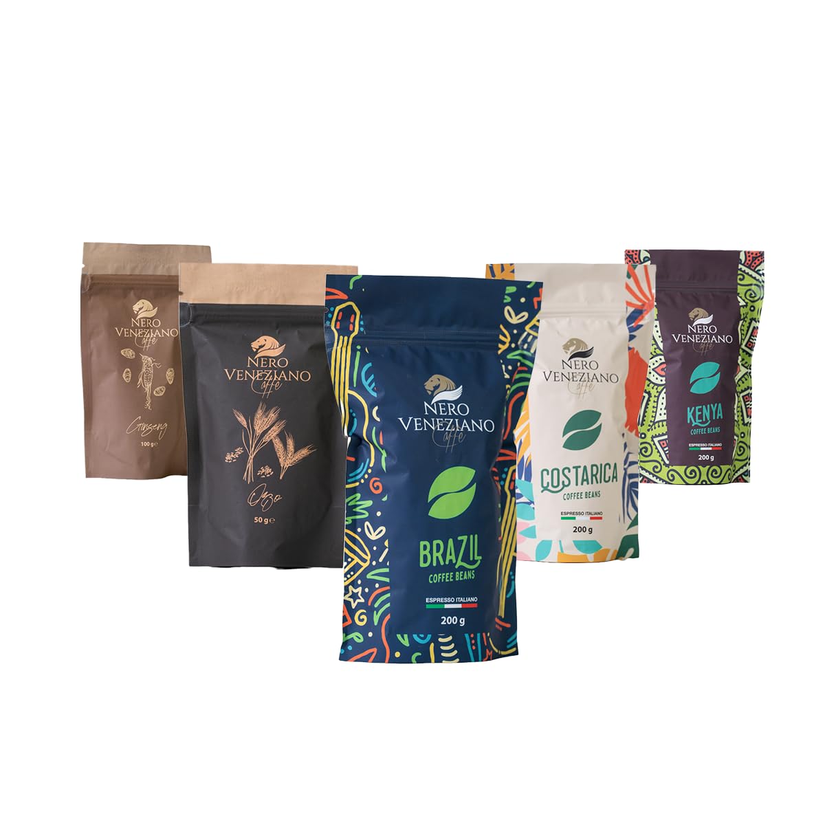 Nero Veneziano Caffè Kit Degustazione Grani, 3x200 g Kenya, Costarica, Brazil, 1 x50 g Orzo Solubile, 1x100 g Caffè Solubile Ginseng, Tostatura Media, Artigianale Italiano, Per Espresso e Automatiche
