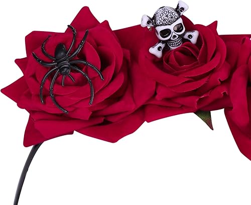 Vista 8 de ITODA Diadema de calavera de flores rojas, araña, Halloween, gótico, mexicano, día de muerto, tiara, cosplay, disfraz, guirnalda, fiesta, corona