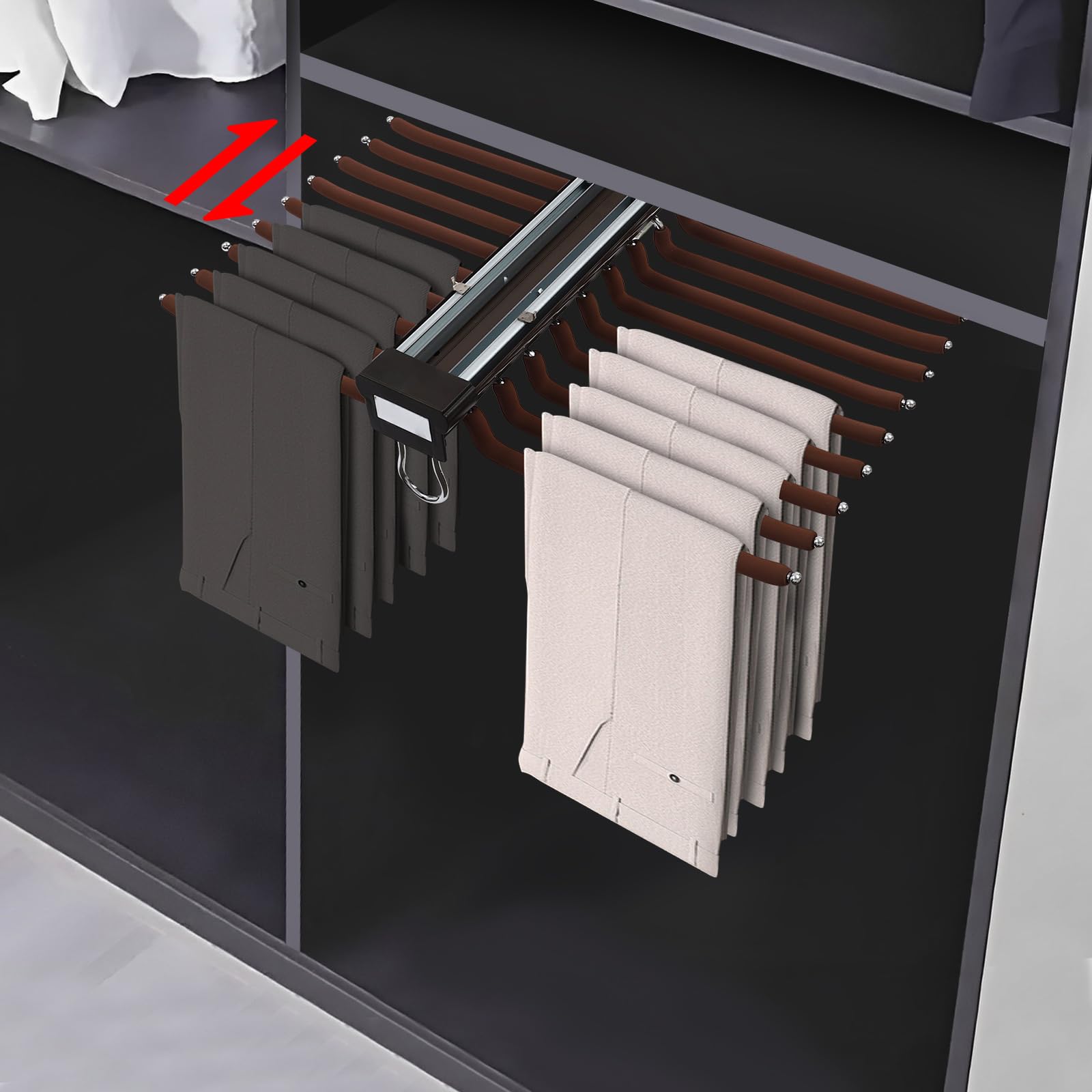 Perchero extensible para pantalones, extensible con flocado, multifuncional con 22 brazos, organizador de ropa para armario, 46 cm (color café)