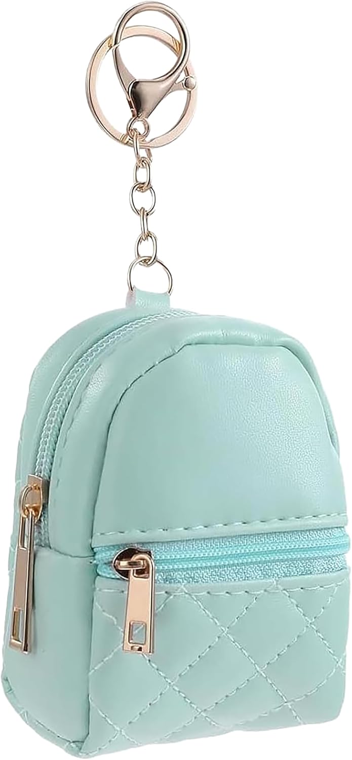 1 Pc Green Mini Backpack Keychain for Women,Cute Small Cosmetic Bag,PU Leather Makeup Bag Key Pocket Lipstick Bag Card Holder Data Cable Organizer Zipper Pouch