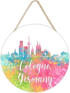 Germany Cologne City Skyline Home Decor,City Skyscraper Buildings Silhouettes Round Wood Sign Hanging Plaque,Welcome Door Sign Wall Art for Outdoor Farmhouse Garden Porch Home 10"