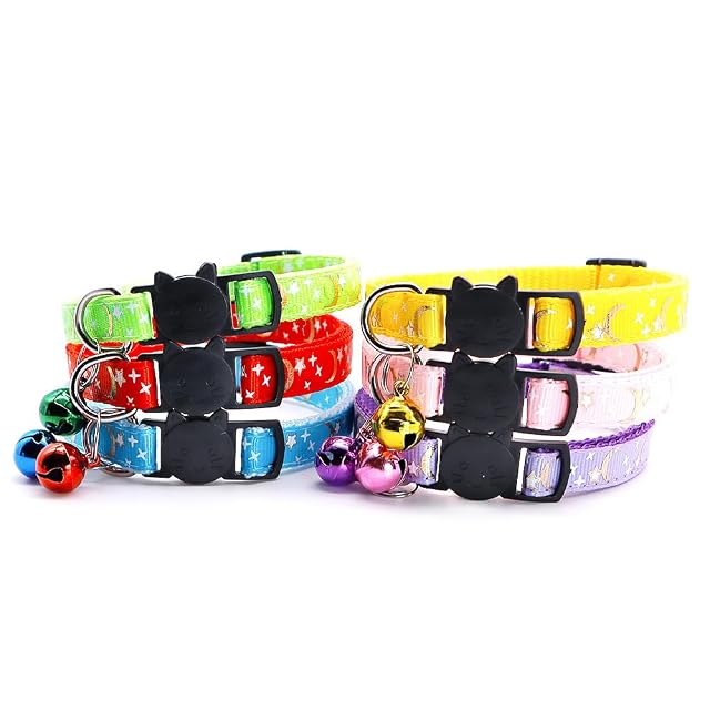 Foto 4 de 6 de Collares reflectantes para gatos con campana, paquete de 2 collares para gatitos con patrón de estrella y luna