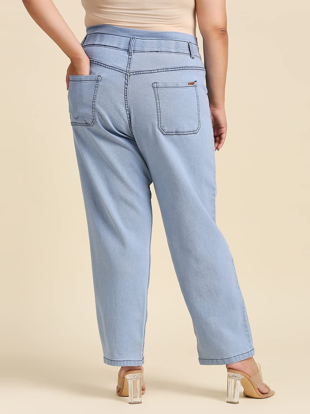 HIGH Star Women Plus Size Blue Stretchable Mom Fit Jeans, NIEBIESKI, 38