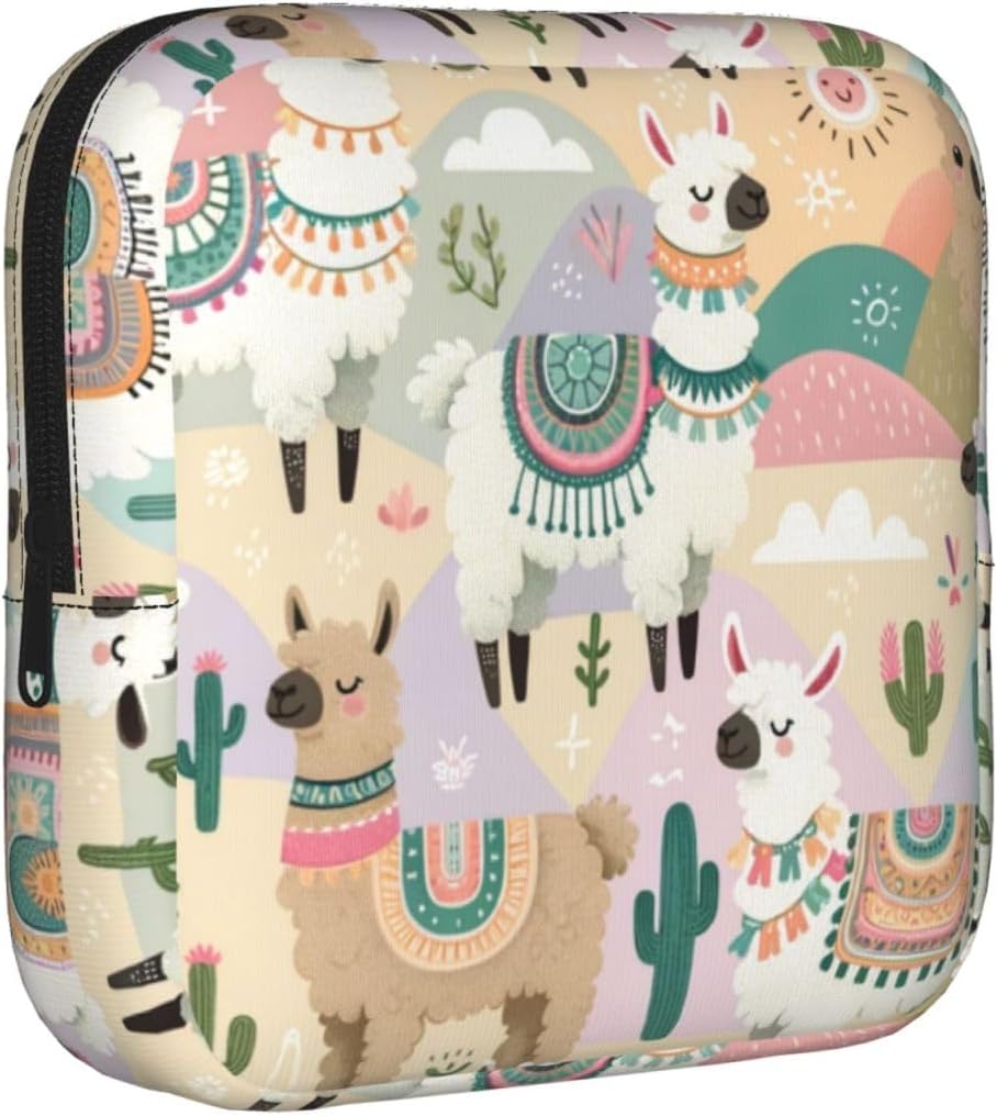 Llama-Cactus Portable Period Pad Pouch for Women, Sanitary Napkin Storage Bag with Zipper for Outdoor Use