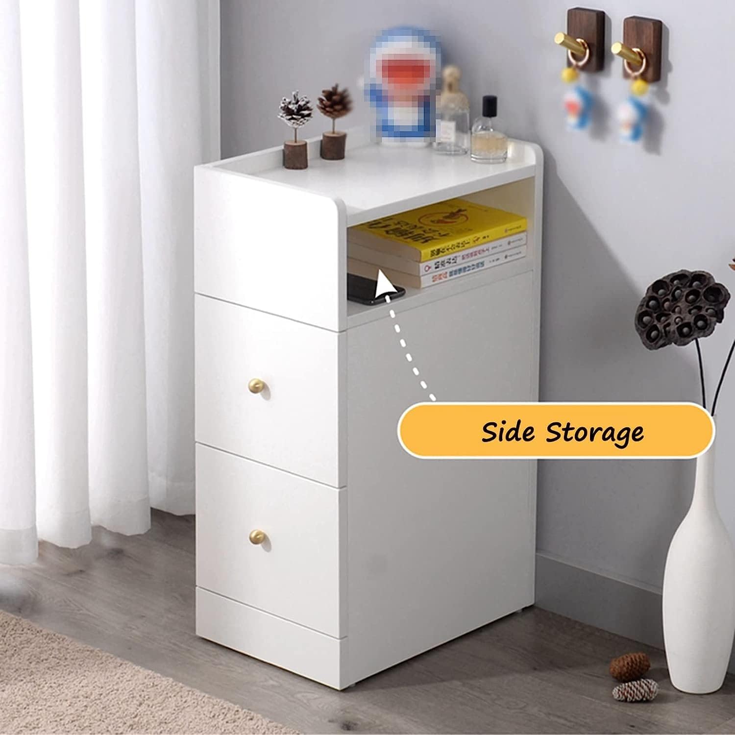 Children's Room Bedside Table with 2 Drawers and Side Opening Storage Rack Nightstand Wooden Ultra Narrow 25Cm Bedside Cabinet,Color225*39 * 65Cm