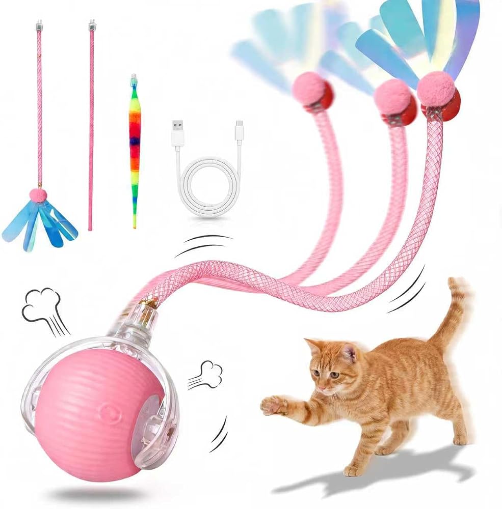 Interactive Cat Toy Ball, Automatic Cat Toys for Indoor Cats with 3 Modes | LED Light, 3 Replaceable Tails, Rechargeable Rolling Toy with Smart Sensor for Kittens & Adult Cats,USB Rechargeable