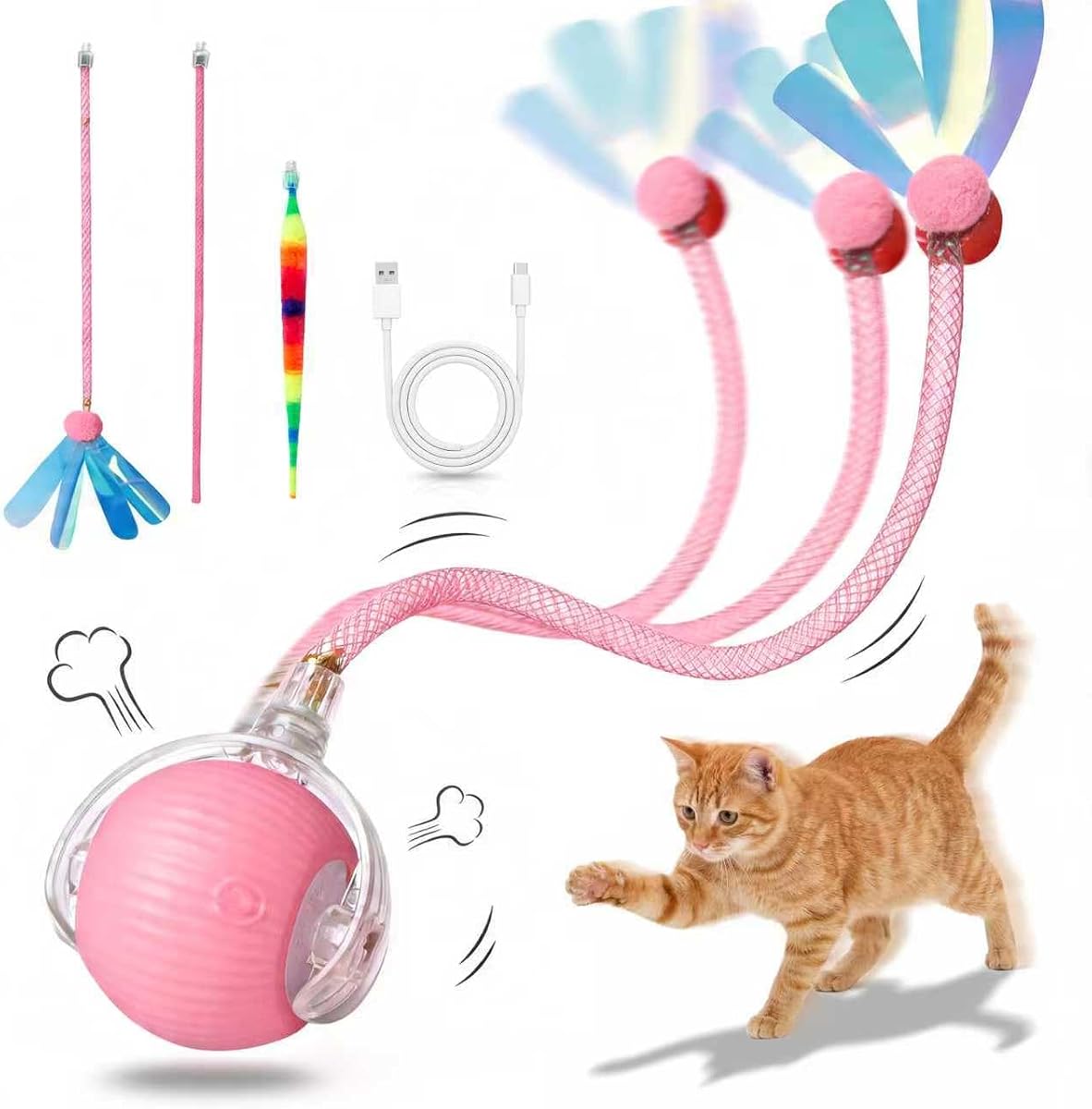 Pelota interactiva de juguete para gatos, juguetes automáticos para gatos de interior con 3 modos | Luz LED, 3 colas reemplazables, juguete rodante recargable con sensor inteligente para gatitos y gatos adultos, recargable por USB
