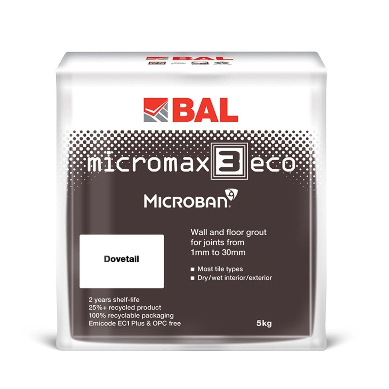 Bal Micromax3 Eco Grout Wall & Floor Grout, Rapid Set, Antimicrobial, Suitable For Interior & Exterior 5KG Bag - Dovetail