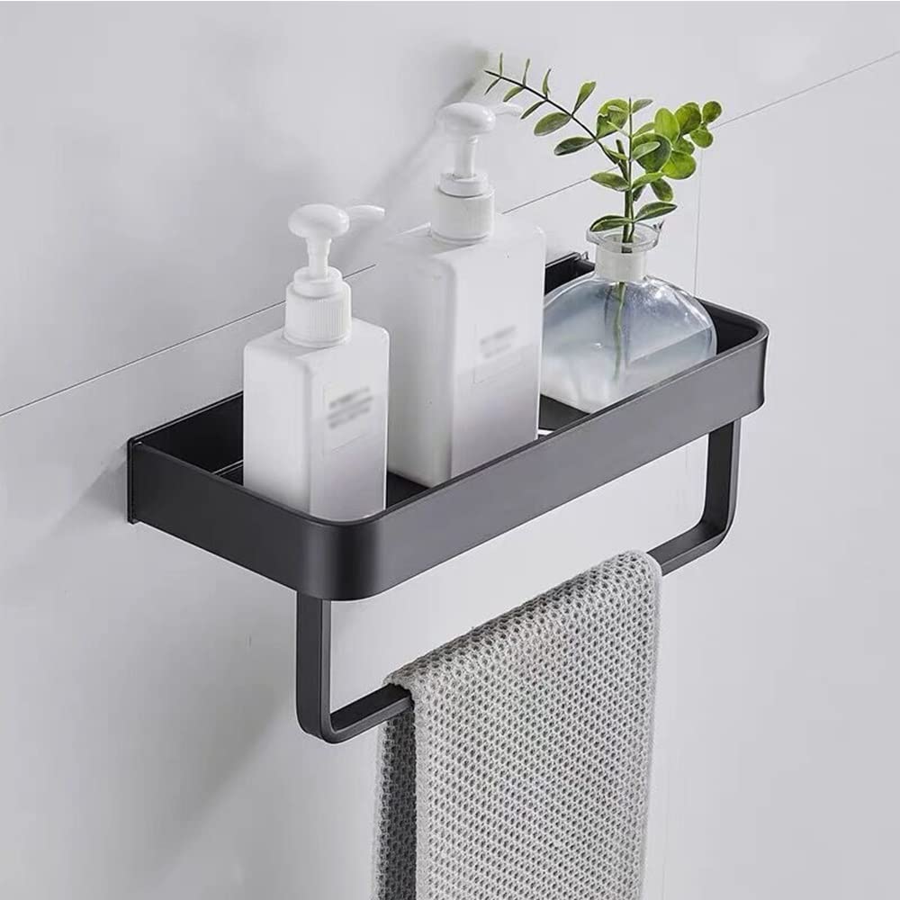 DJVHSRI Wall-Mounted Black Shower Caddy - Floating Aluminum Bathroom Shelf for Cosmetics Towels Kitchen Seasonings Draining Nets -