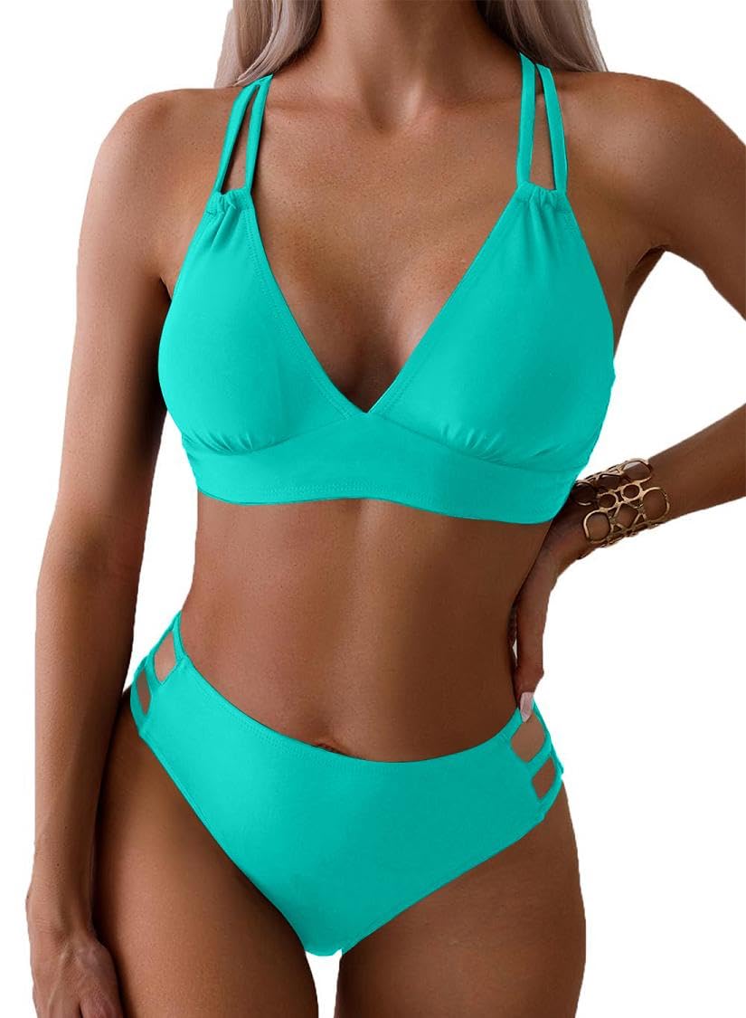 Joligiao Mujer Bikini Sexy Traje de Baño 2 Piezas Cuello en V Bikinis Brasileño con Triángulo Bañadores Bikini Top y Braga Cintura Alta Conjunto de Bikinis Playa - 2