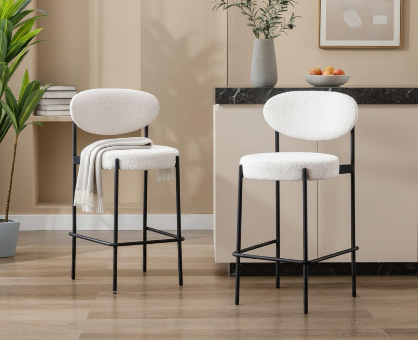 chairus Cucina Sgabelli da Bar Set di 2 Sala da Pranzo Pelliccia Sintetica Sgabello da Tavolo con Gambe in Metallo (Bianco)