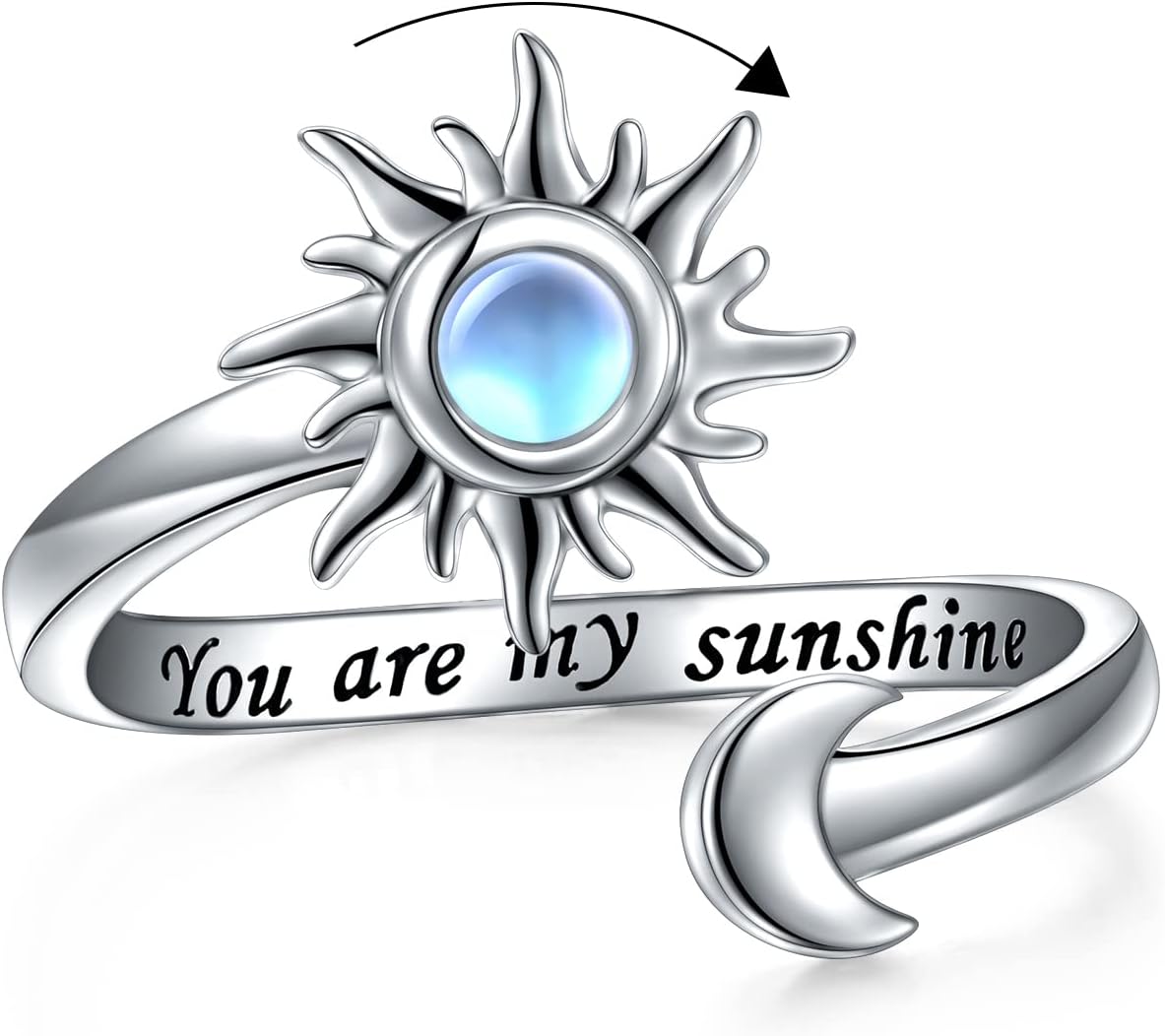 Anxiety Rings for Women S925 Sterling Silver Created Moonstone Opal Turquoise Sun Star and Moon Spinner Ring Adjustable Open Stress Relieving Ring Jewelry Gift for Women Men Teenage,7