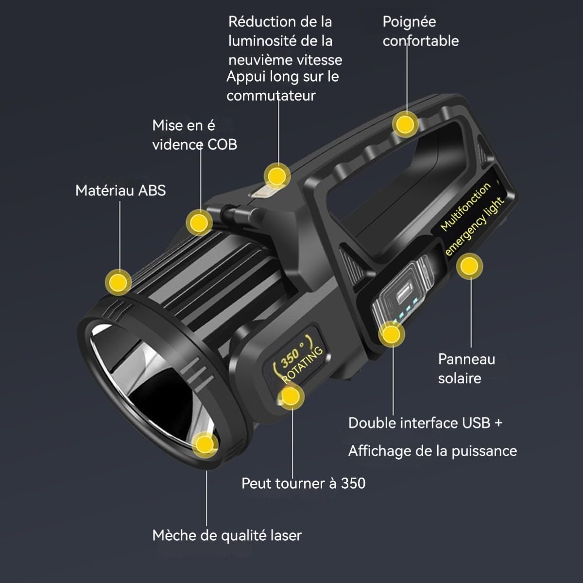 LETOUR Lampe Torche LED Ultra Puissante, Lampe de poche 350000LM Super Longue Portée, Projecteur de Recherche 9 Modes, Lanterne de Camping Étanche, Rechargeable USB (Extérieur, Travail, Urgence)