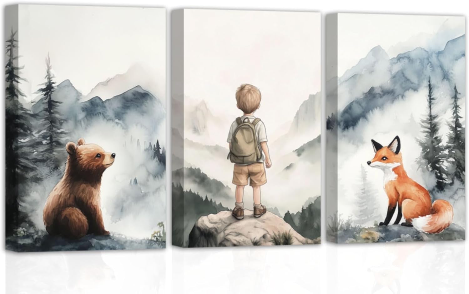 CHAOSETKEN Adventure Nursery Wall Art 3 Pieces Boy Girl and Fox Bear Canvas Prints Watercolor Mountain Picture Woodland Adventure Themed Poster for Home Decor Frame (Orange,11.00" x 14.00" x 3PCS)