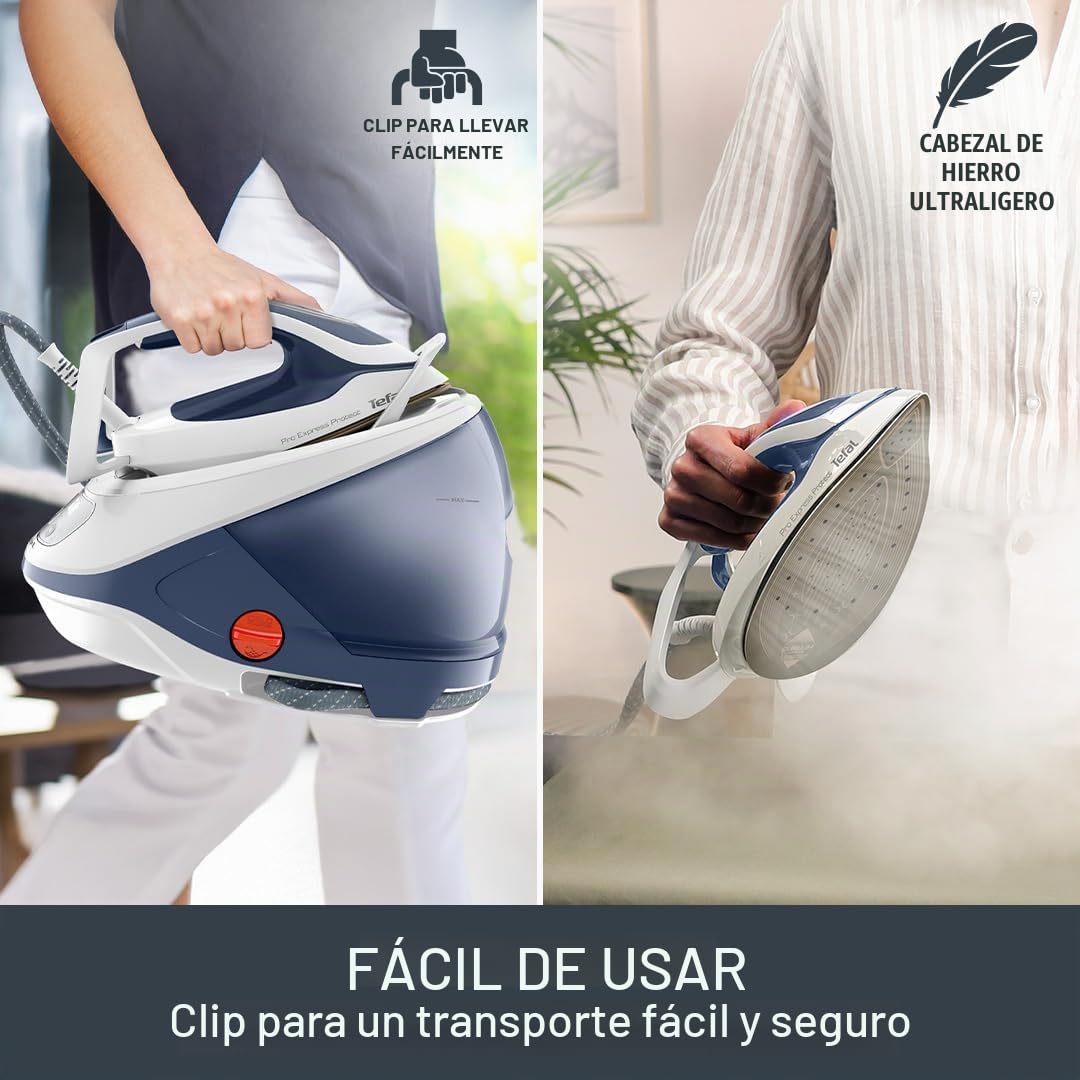 Tefal ProExpress Protect - Plancha para generador de vapor, 7.5 bar de alta presión, 560 g/min de vapor, salida de vapor de 135 g/min, tecnología sin ajuste, protección antigoteo, 1.8 L, azul y blanco