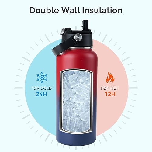 Miniatura 5 de Botella de agua aislada de acero inoxidable, 32 onzas, doble pared aislada al vacío, botella de agua a prueba de fugas con popote de silicona, tapa