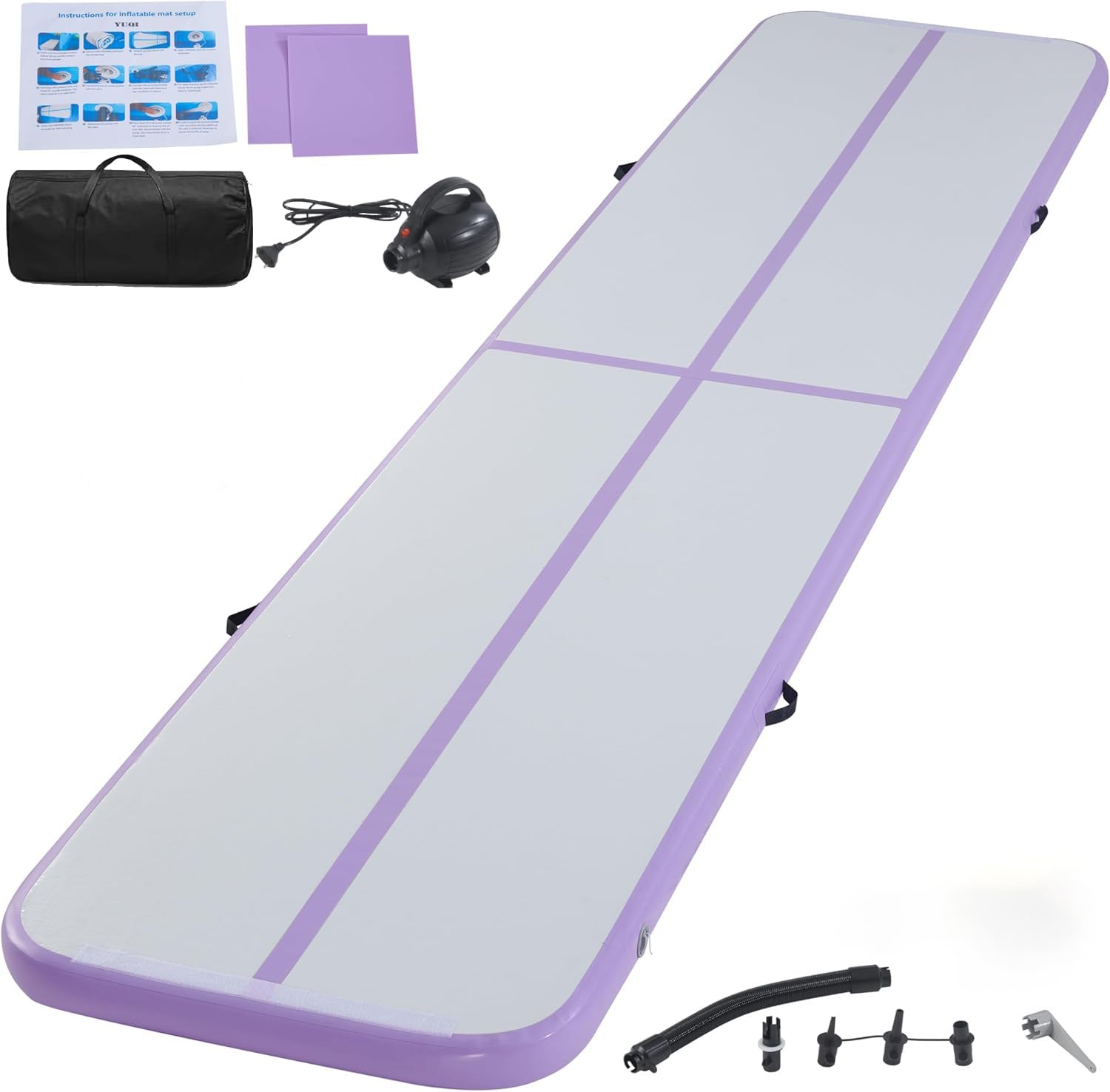 LSBIKE Inflatable Tumble Track Gymnastics Mat, 3m/4m/5m/6m Air Mat with Pump, Portable Air-Filled Tumbling mat for Home, Cheer, Yoga, Kids & Adults – Non-Slip & Waterproof (Purple, 3m/10ft)
