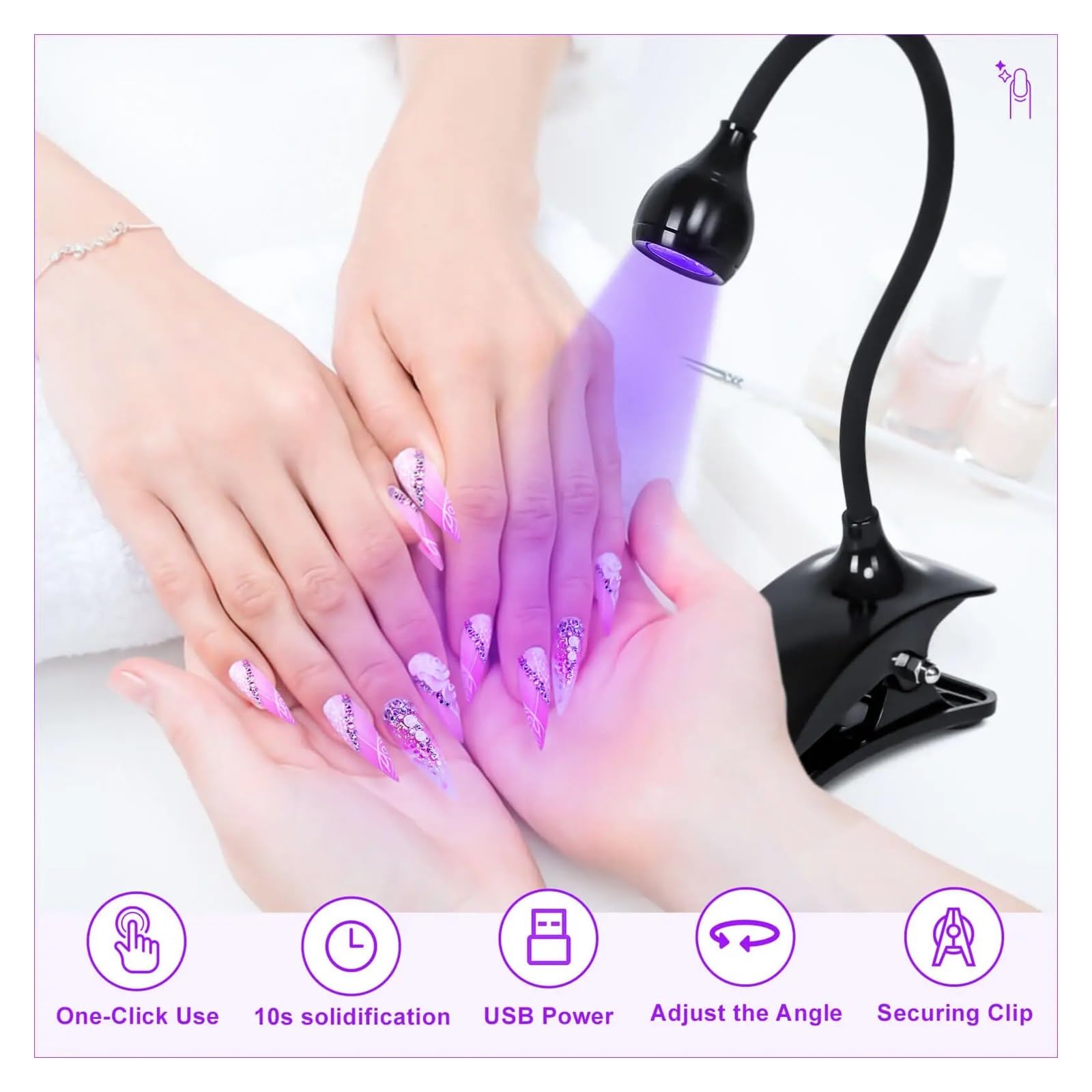 Lampada UV per Resina Luci for unghie a LED Asciugatrice Lampada UV ultravioletta Mini scrivania flessibile con clip USB Strumenti for pedicure manicure for polimerizzazione del gel(Rosa)