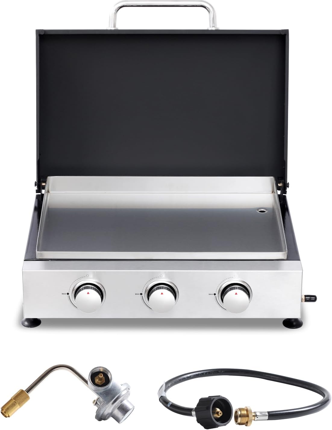 22" Flat Top Grill with Lid, 3 Burner Portable Gas Griddle for Outdoor, BBQ, Camping, Backyard & Tailgating Barbecue, 30,000 BTU Tabletop Propane Griddle 322 Sq. In.