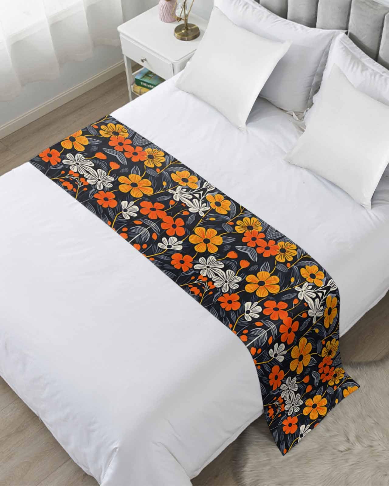 DecorLovee Orange Spring Floral Bed Runners for Queen Size Bed, Decorative Bed Throws for Foot of Bed, Black Summer Botanical Leaf Bed Runner Sofa Throw Bedding Scarf Protector Slipcover for Bedroom