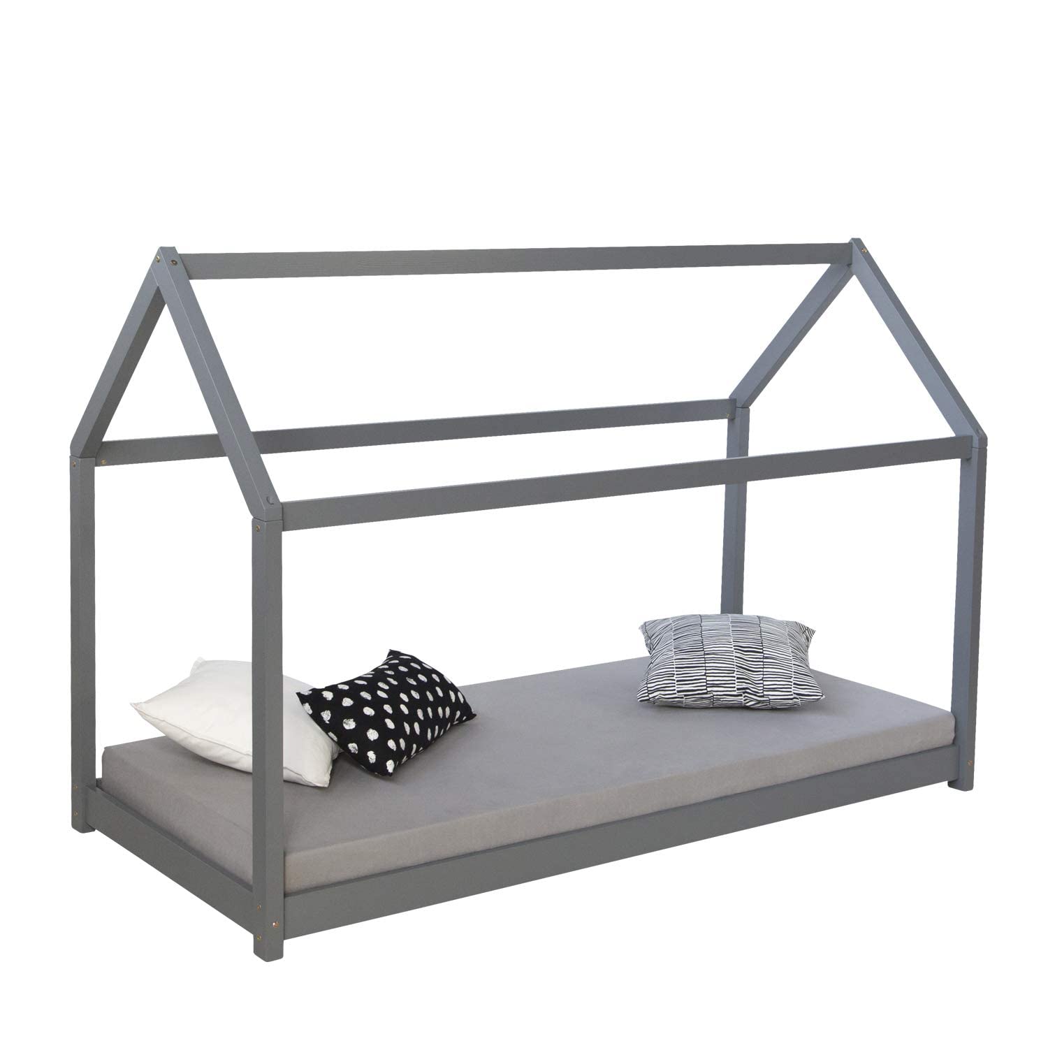 Homestyle4u 1970 Hausbett 160x80 cm Kinderbett mit Lattenrost Grau | Montessori Bodenbett Kiefer Massivholz, skandinavisches Design Kinderhausbett für Jungen und Mädchen, 80x160 cm