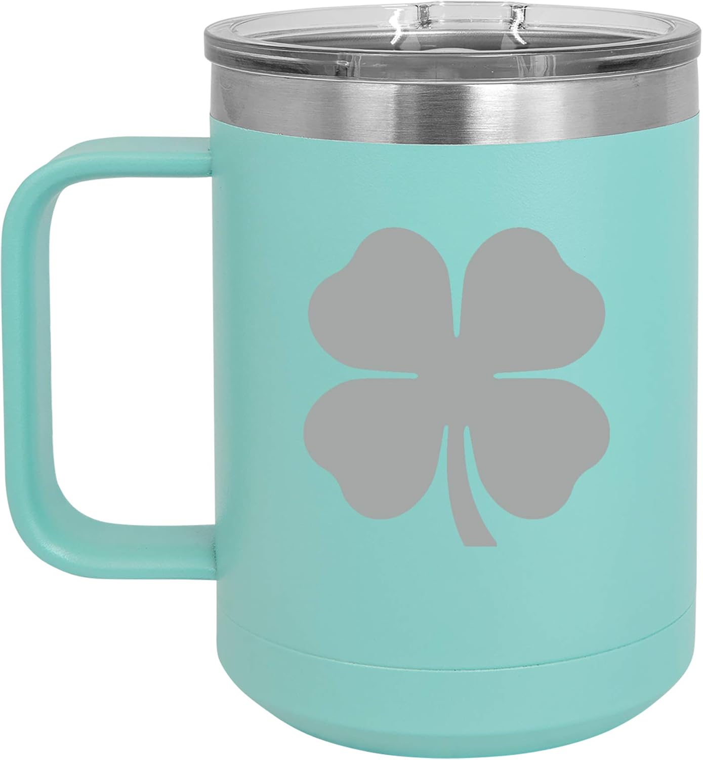 15 oz Tumbler Coffee Mug Travel Cup With Handle & Lid Vacuum Insulated Stainless Steel 4 Leaf Clover Shamrock (Black)