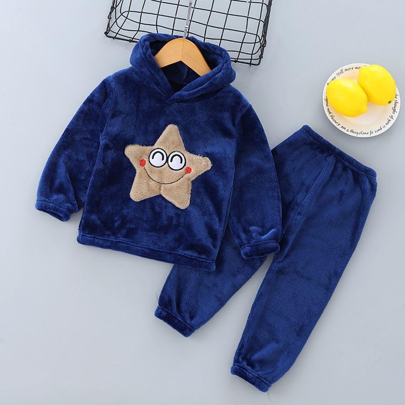 Image of Bold N Elegant Unisex Kids Fleece Printed Smiling Star Warm Fur Pullover Sweatshirt Hoodie Tshirt and Jogger Pant Winter Clothing Set Dress