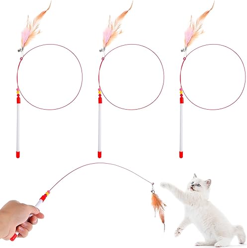 4 piezas de juguetes de plumas para gatos, juguetes para gatos con cuentas de campana, varita de alambre para gatos, persecución y ejercicio