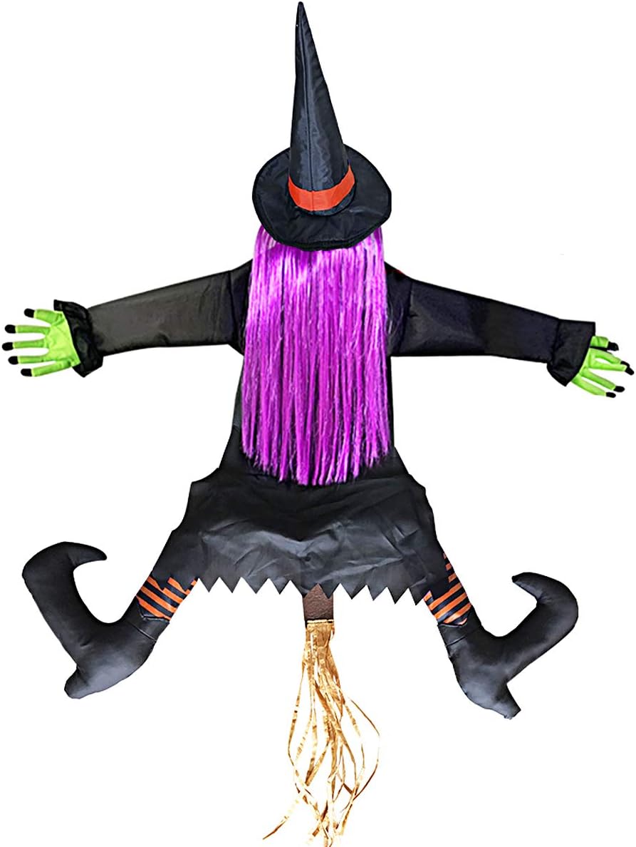 Funny Hanging Witch Crashing Into Tree for Outdoor Halloween Decorations, Quality Made Vivid Crashed Witch Decor for Door Porch Decoration 42.5"