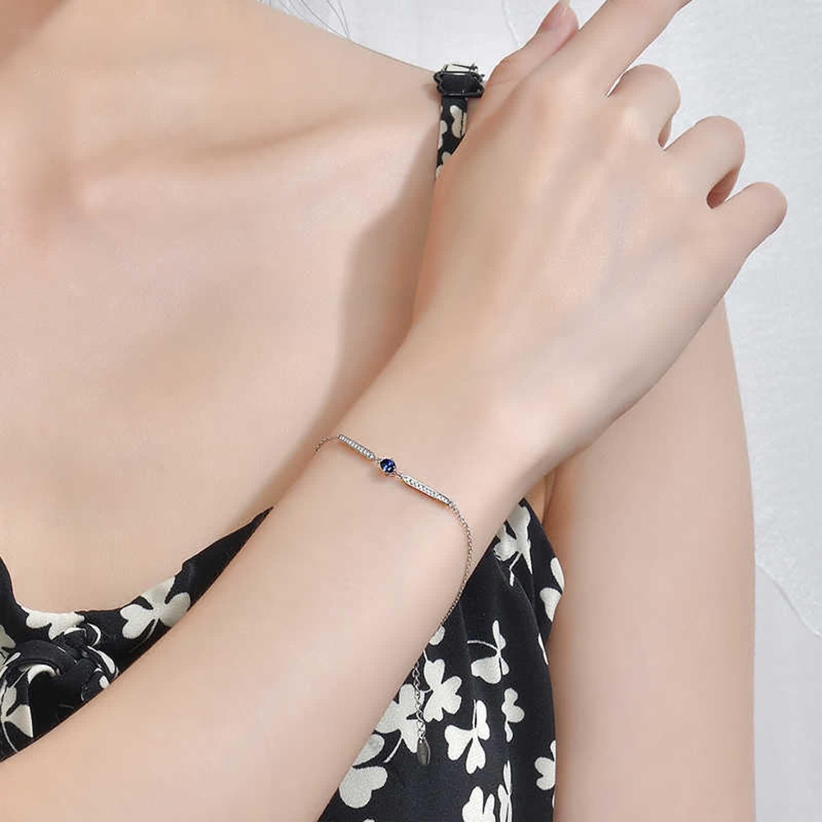 Pulsera de moda para mujer, pulseras de cadena de zafiro azul de 0,25 quilates, cadena ovalada de oro blanco con diamantes