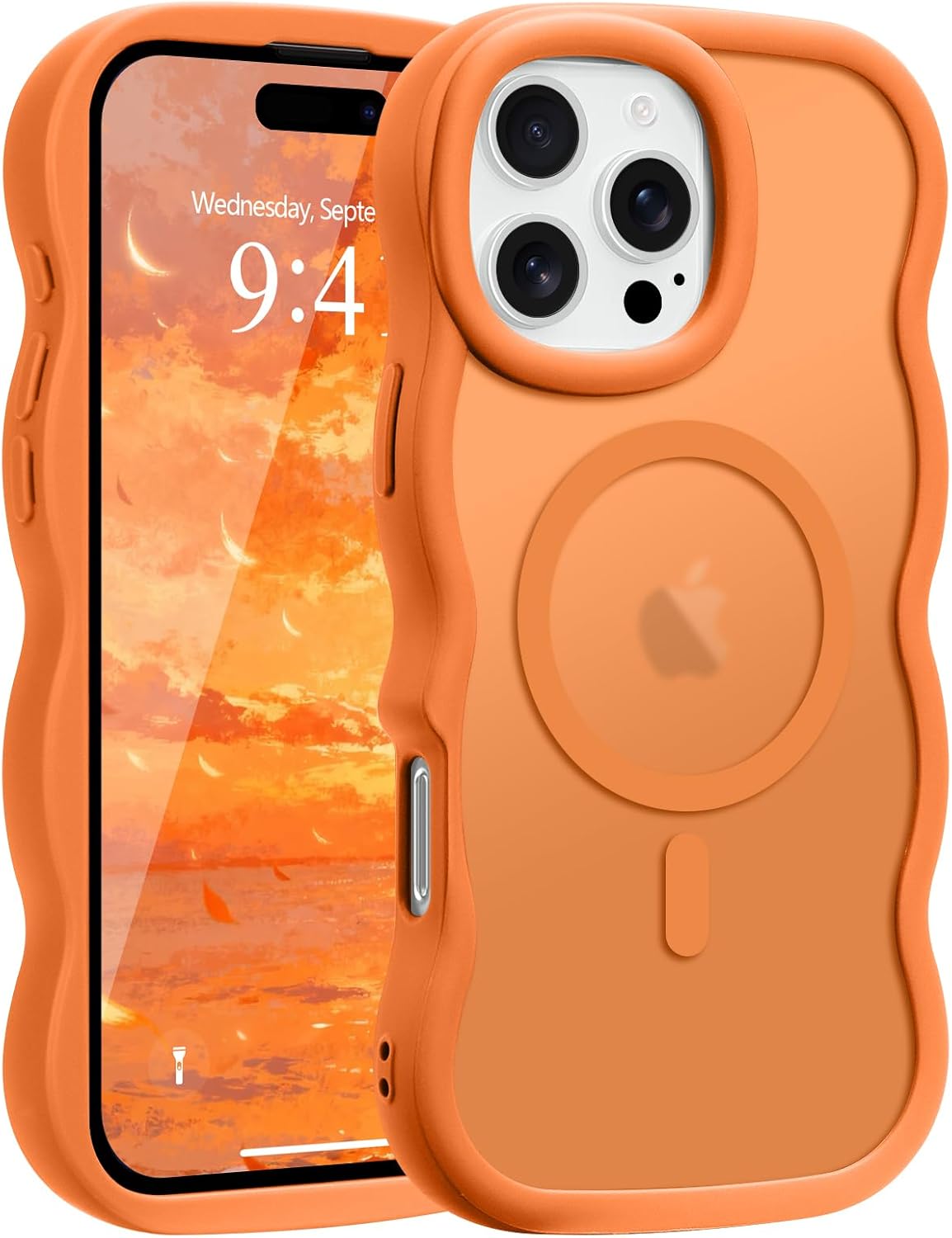 for iPhone 16 Pro Case, Curly Wavy Frame Hard Translucent Matte Clear Back Cover for Women Men Compatible with Magsafe TPU Bumper Shockproof Drop Protection Phone Case for iPhone 16 Pro Orange