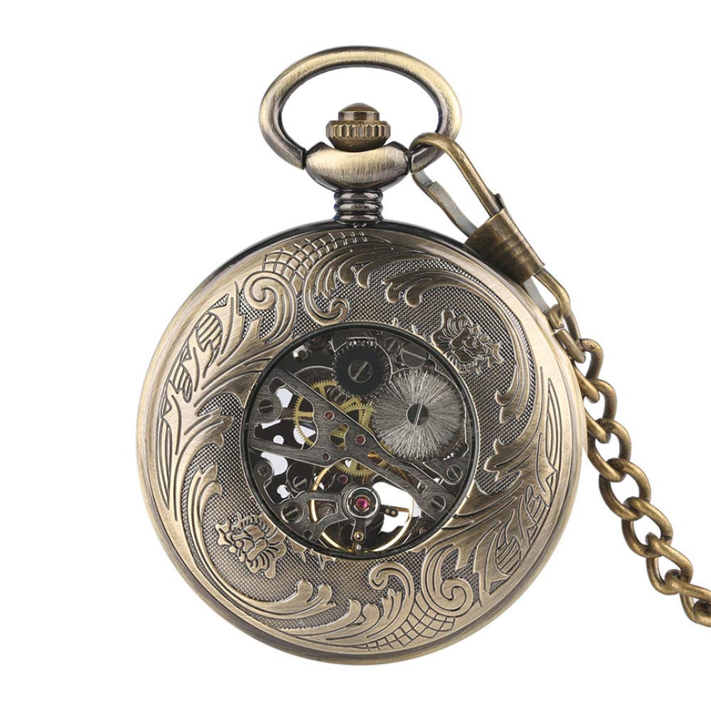 Reloj De Bolsillo Vintage,Mystical Negro Dial Mecánico Reloj De Bolsillo Transparente Cazador Azul Romano Numerales Muestran Mano Sinuosa Reloj De Bolsillo para Los Hombres Regalo