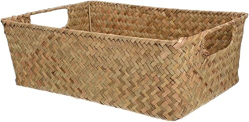 HEMOTON Cesta de almacenamiento de ratán con asa, cestas de frutas tejidas rectangulares, cesta de pan de mimbre, contenedor de aperitivos, cesta de
