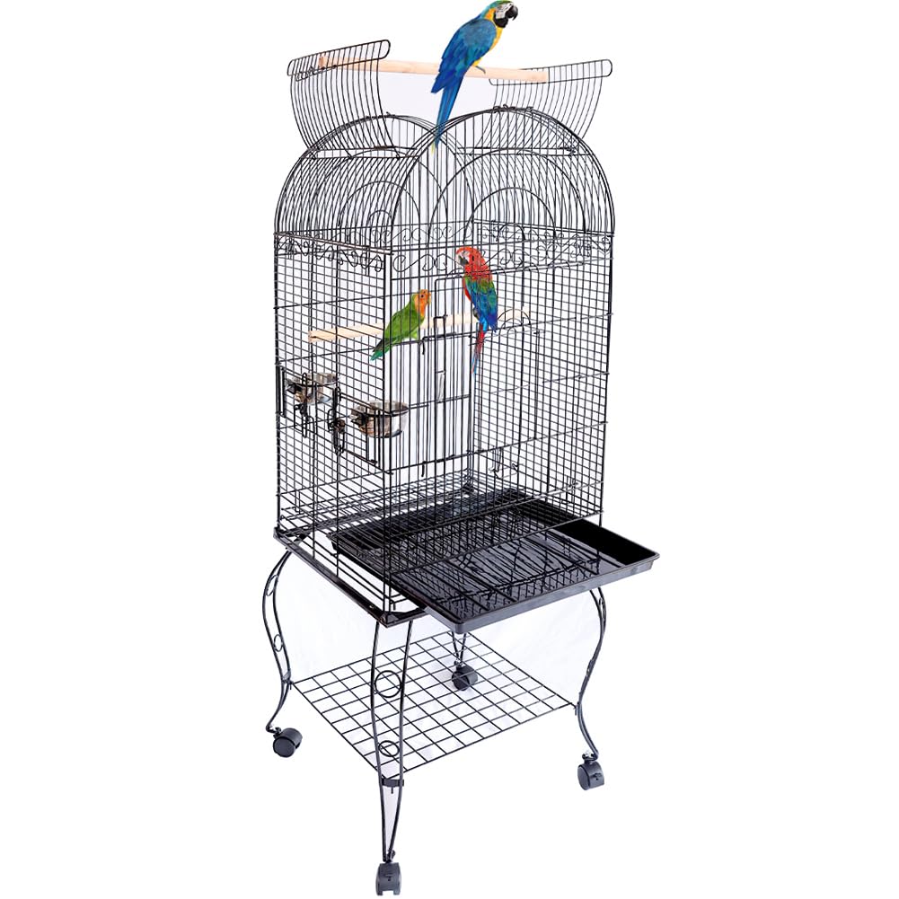 BAKAJI Gabbia Voliera per Uccelli, Pappagalli Inseparabili, Parrocchetti, Volatili con Carrello e Tetto Apribile in Metallo e Legno Nero Gabbietta con Posatoi e Ruote con Blocco, 59 x 59 x 150 cm