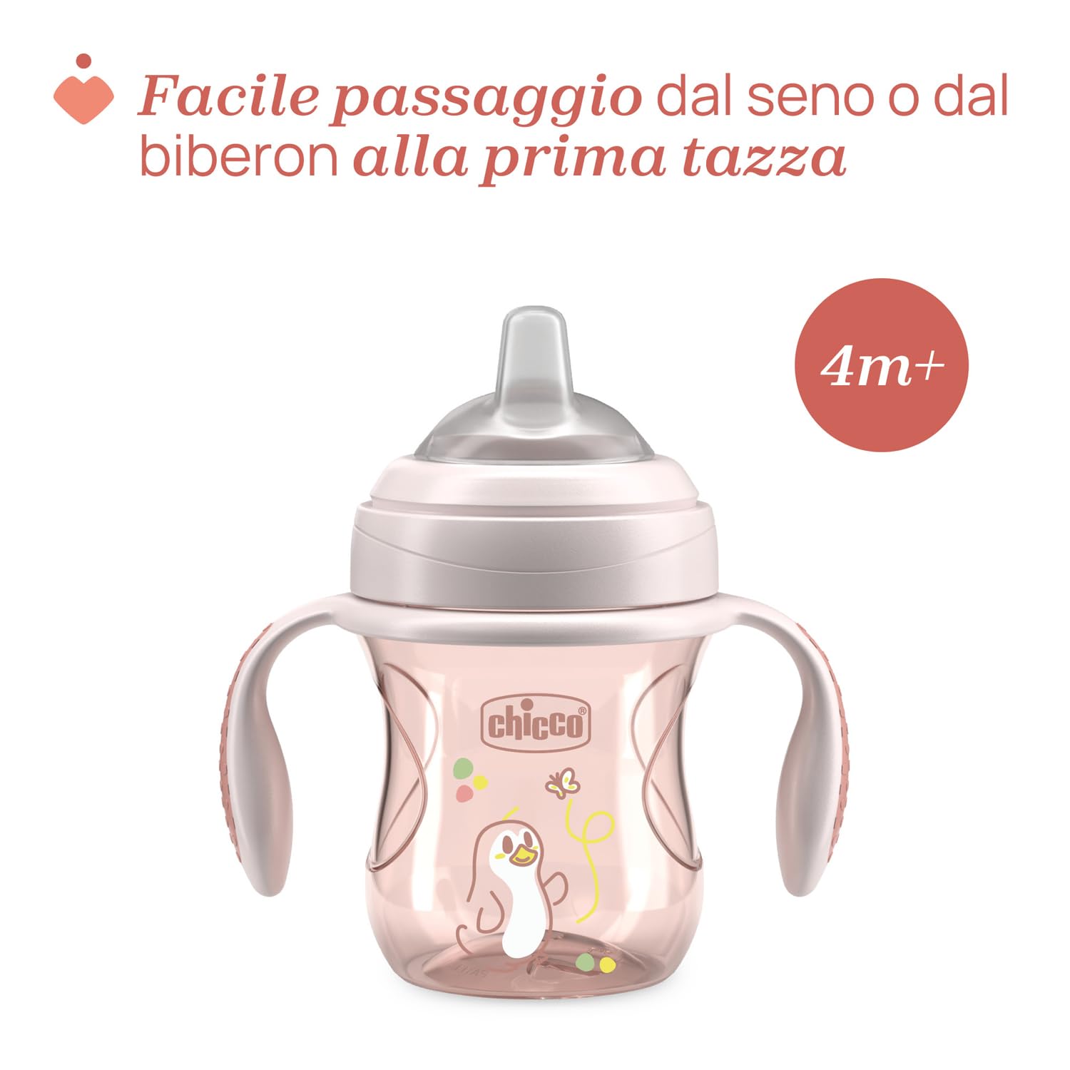 Chicco Transition Cup Bicchiere Antigoccia per Bambini 200ml, 1 Tazza Biberon 4+ Mesi per Imparare a Bere, con Beccuccio Ergonomico in Silicone, Doppia Valvola Anticolica, senza BPA - Rosa