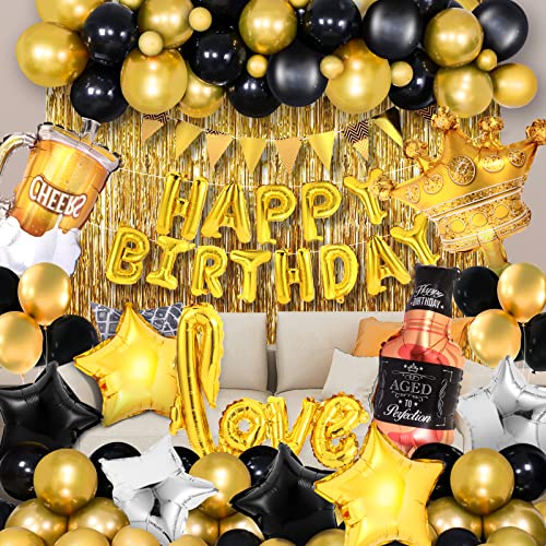 Luxurious Black Gold Birthday Party Decorations, Happy Birthday Decorations Set For Men Women Girls Boys, Including Black Gold Balloons, Happy Birthday Banner, Tassel Curtain, Crown Balloon, Gold Love #TOP11