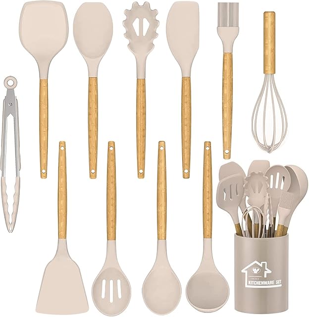 NAUDILIFE Kitchen Utensil Set, 12 Pieces Premium Kitchen Utensils Spatula Set with Holder, Non-Stick Heat Resistant Kitchen Utensil with Natural Wooden Handle, (Khaki)