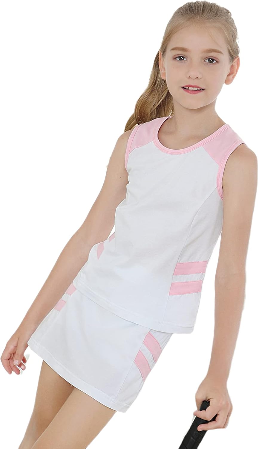 Girls Tank Top and Tennis Golf Skirt with Built-in Shorts Set 2 Piece Outfit Skort Dress : Sports & Outdoors